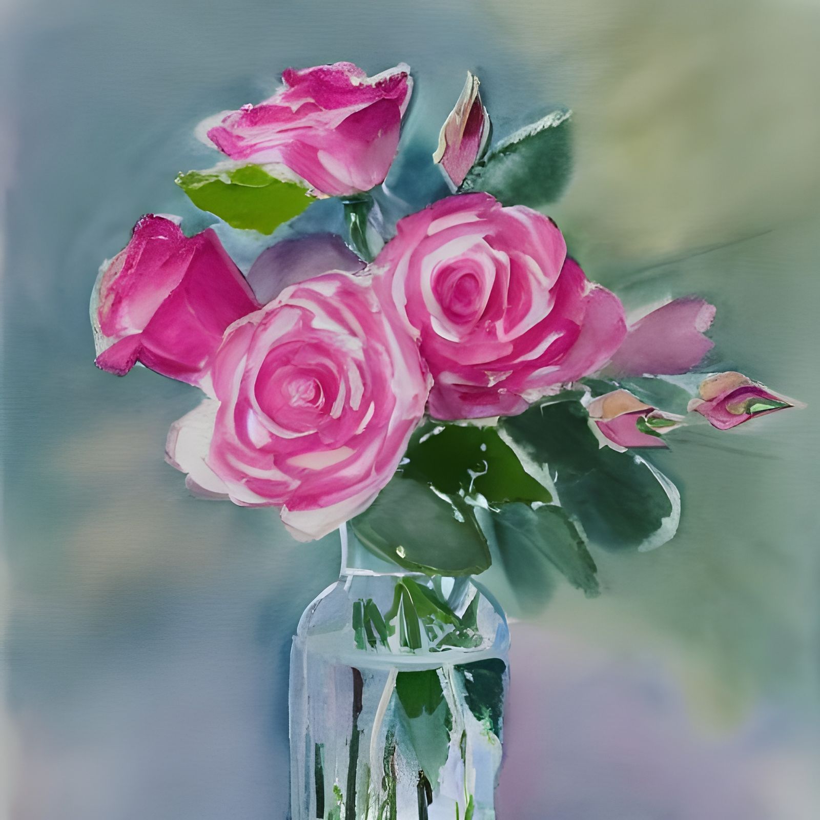 Watercolor Pink Roses in Glass Vase