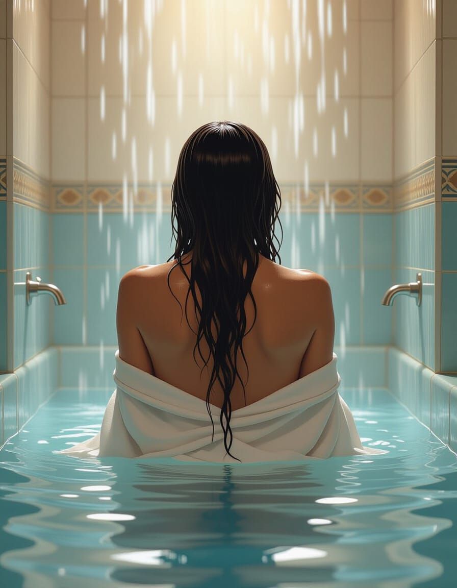 Brunette Woman Showering in Art Nouveau Style