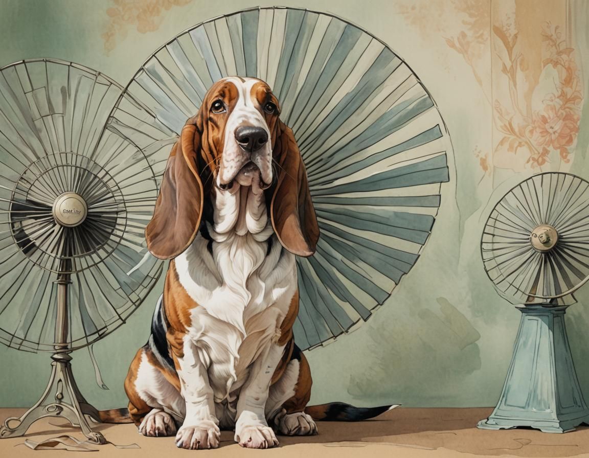 Whimsical Hound Portrait with Fan in Watercolour Style