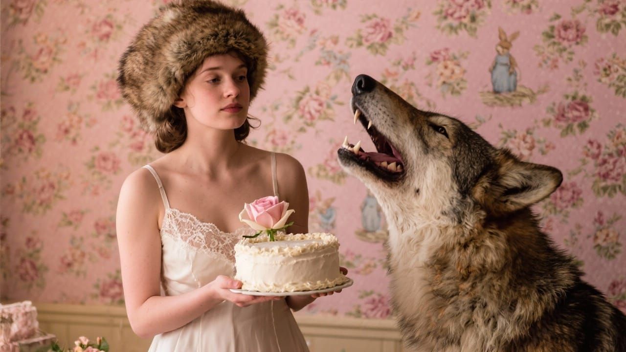 Woman and Wolf with Cake, Intimate Portrait Style