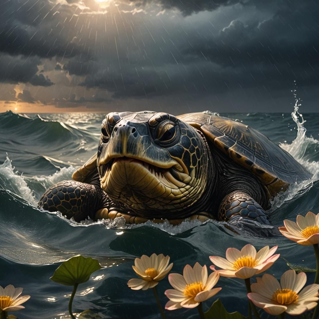Eyeless Turtle with Lotus in Deep Ocean: Hyperrealistic Digi...