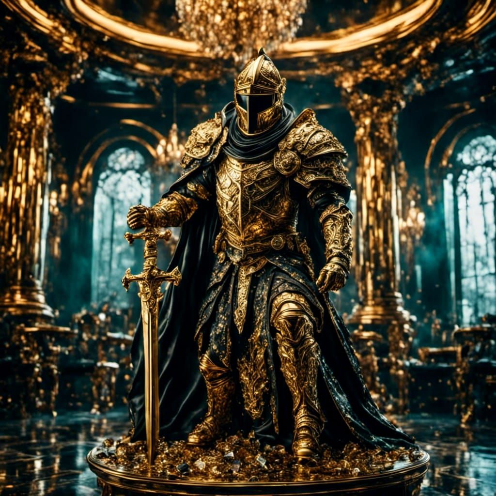 Hyperrealistic Gold Crusader Statue with Black Crystals