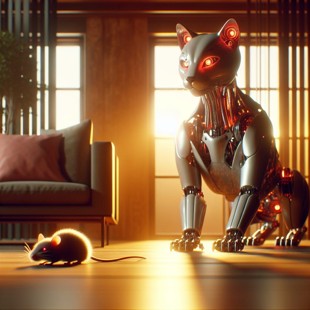 Futuristic Robotic Cat Hunting Mouse in 8K