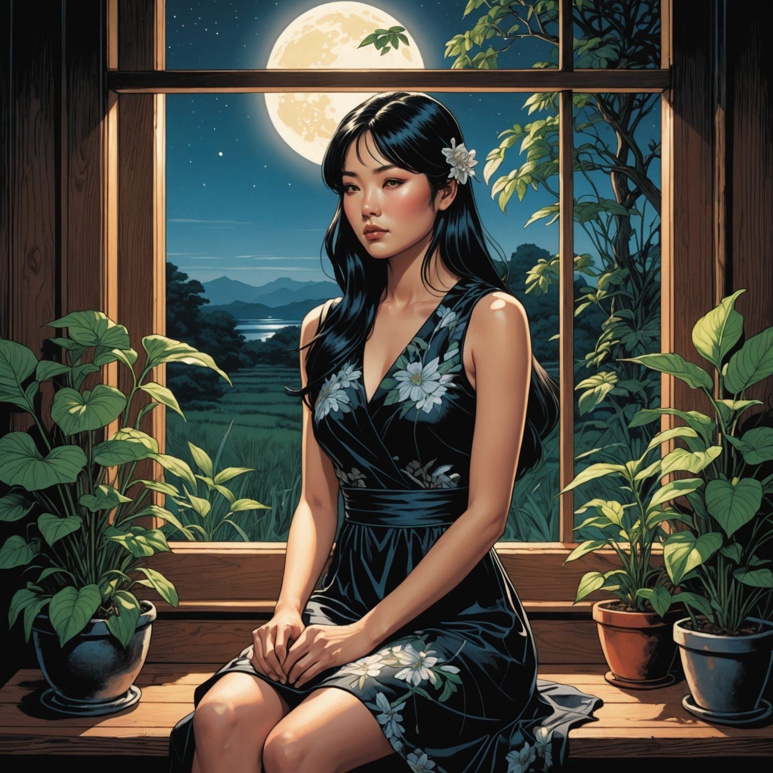 Japanese Woman in Moonlight, Comic Book Art