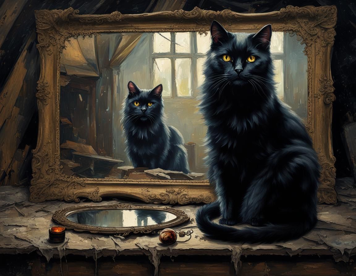 Black Cat in Dark Attic Oil Painting