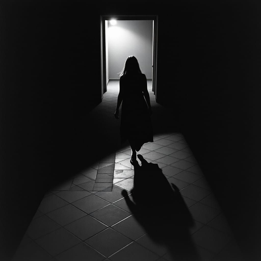 Creepy Shadow Pursues a Woman in Black and White