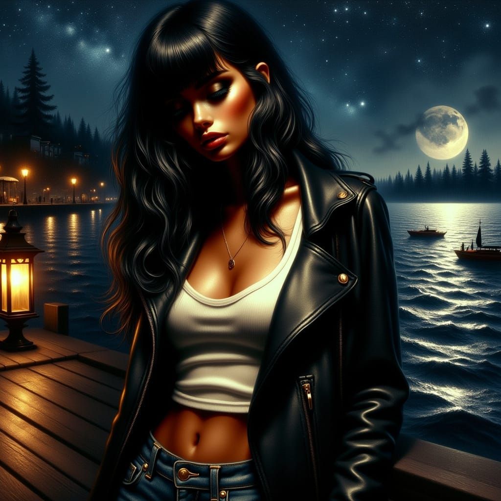 Seductive Nighttime Portrait in Oil Painting Style