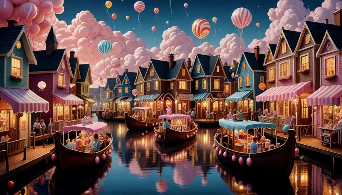 Magical Chocolate Harbor at Twilight: Candy Art