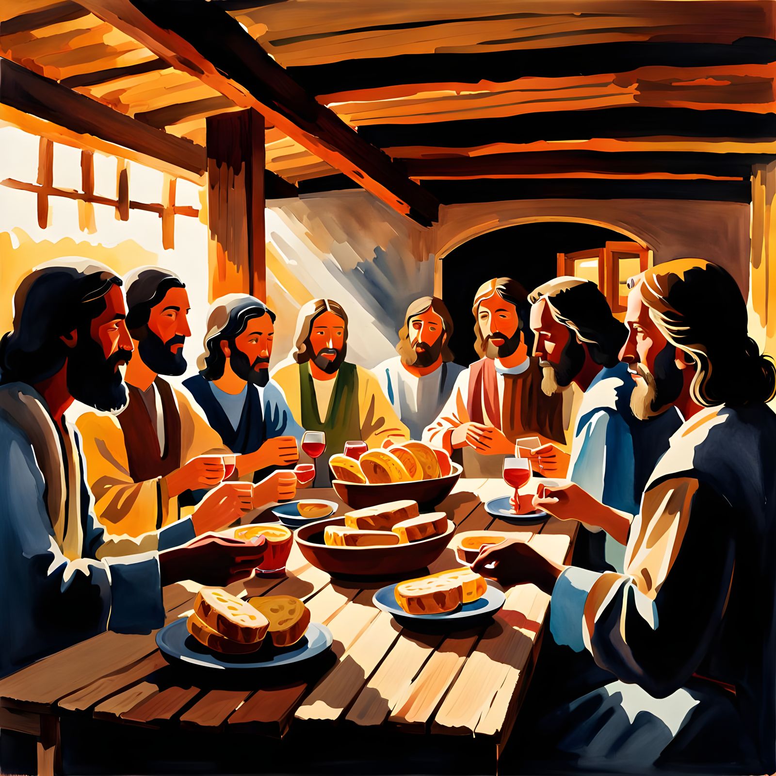 Jesus' Last Supper in Gouache Watercolor Style