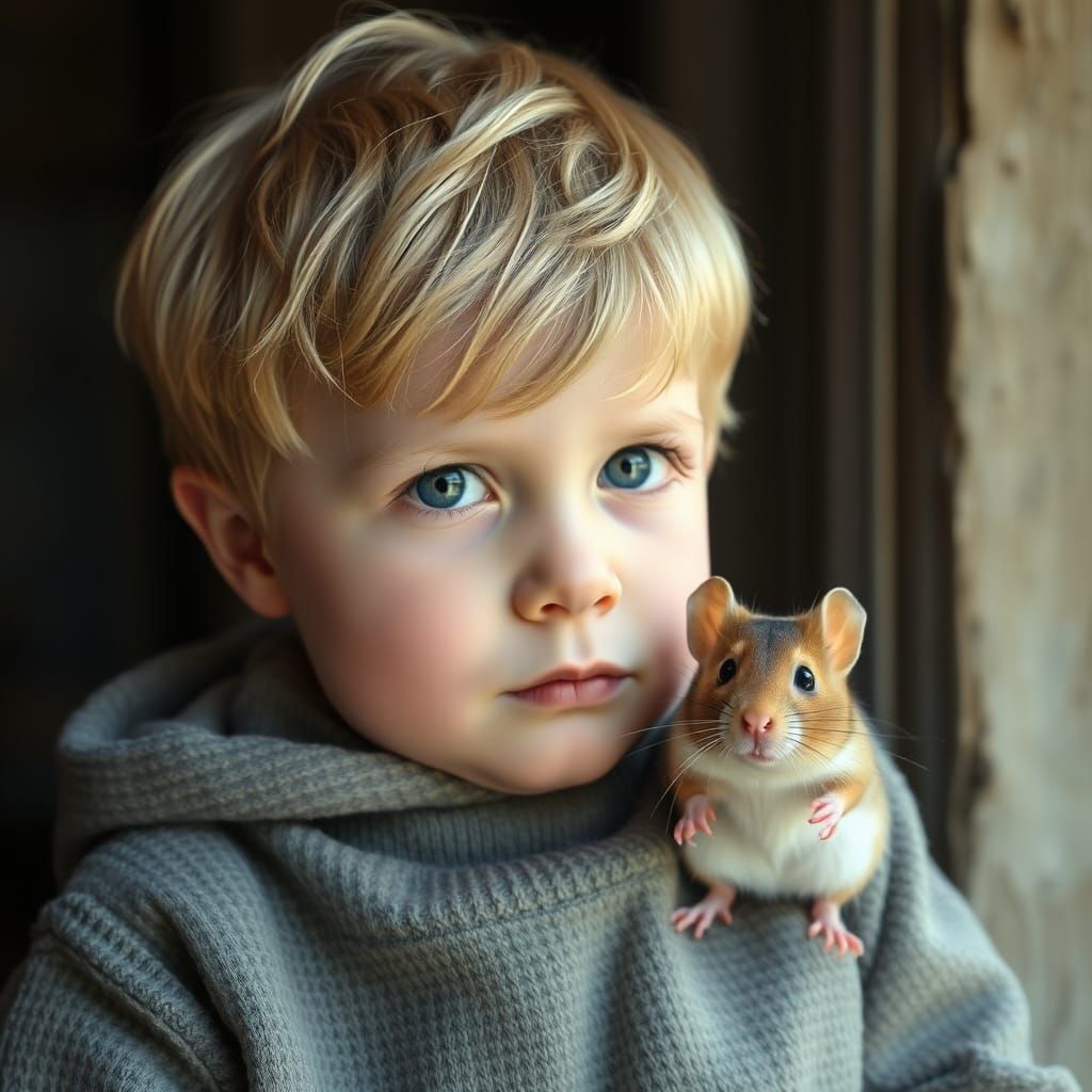 Boy and His Pet Mouse with Pleading Eyes