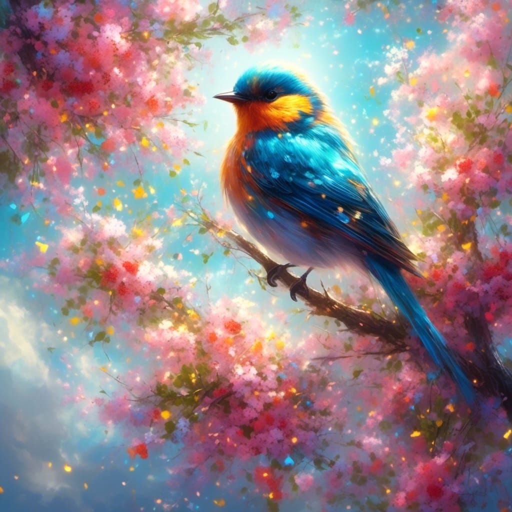 Colorful Bird in Summer Landscape with Flowers