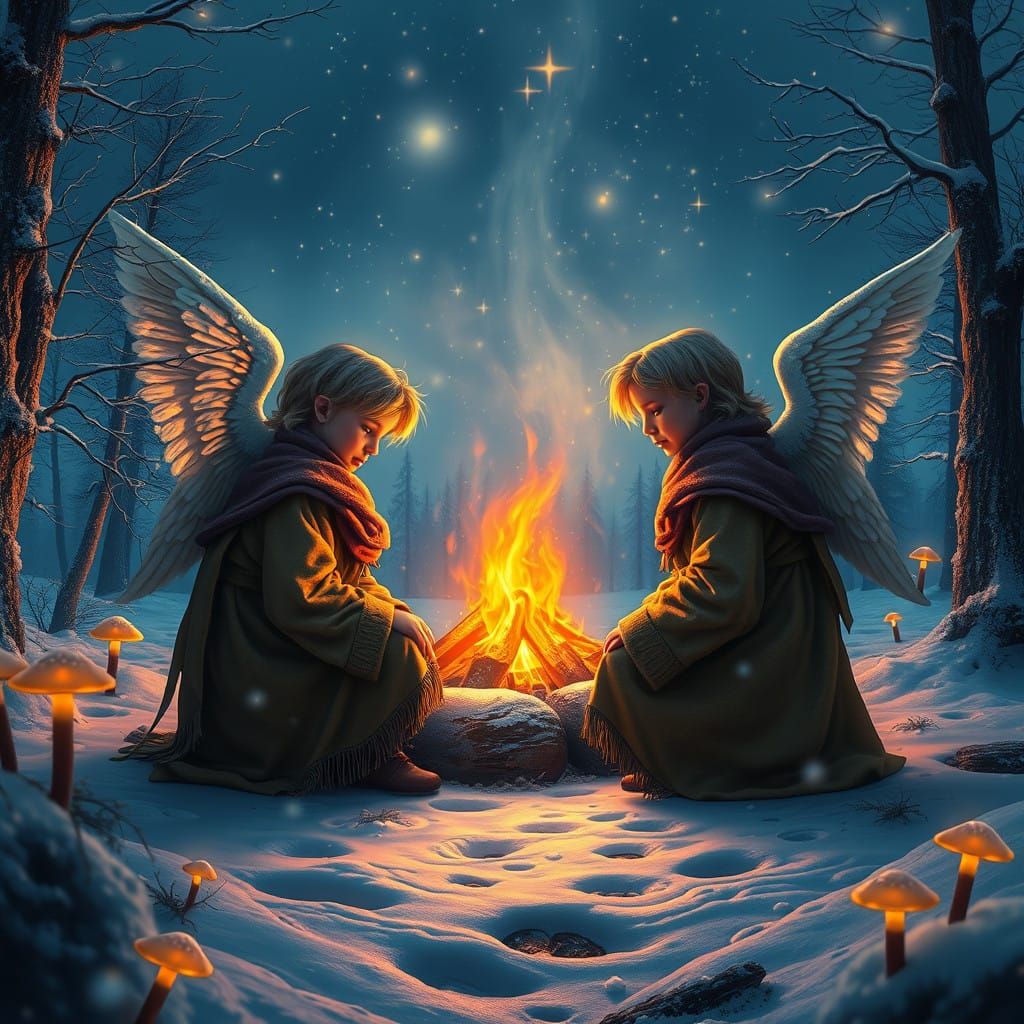 Angel Children Warmth by Cozy Winter Fire as Twinkling Stars...