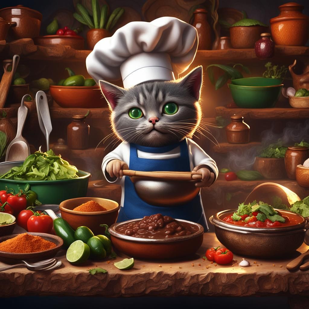 Kitten Chef Prepares Mexican Dish, Detailed Matte Painting