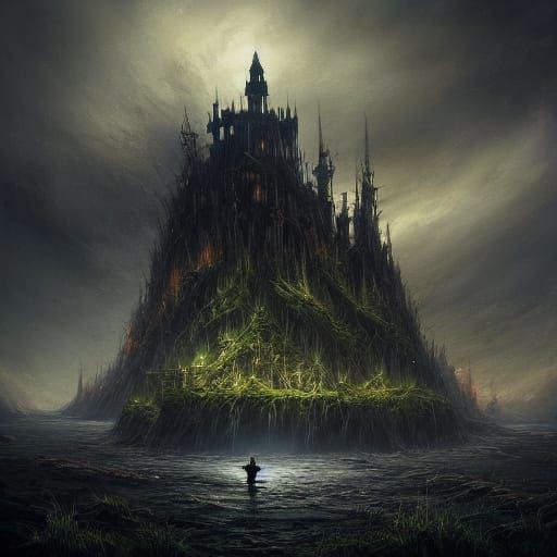 Dark Fantasy Knight Stands Before Crumbling Castle