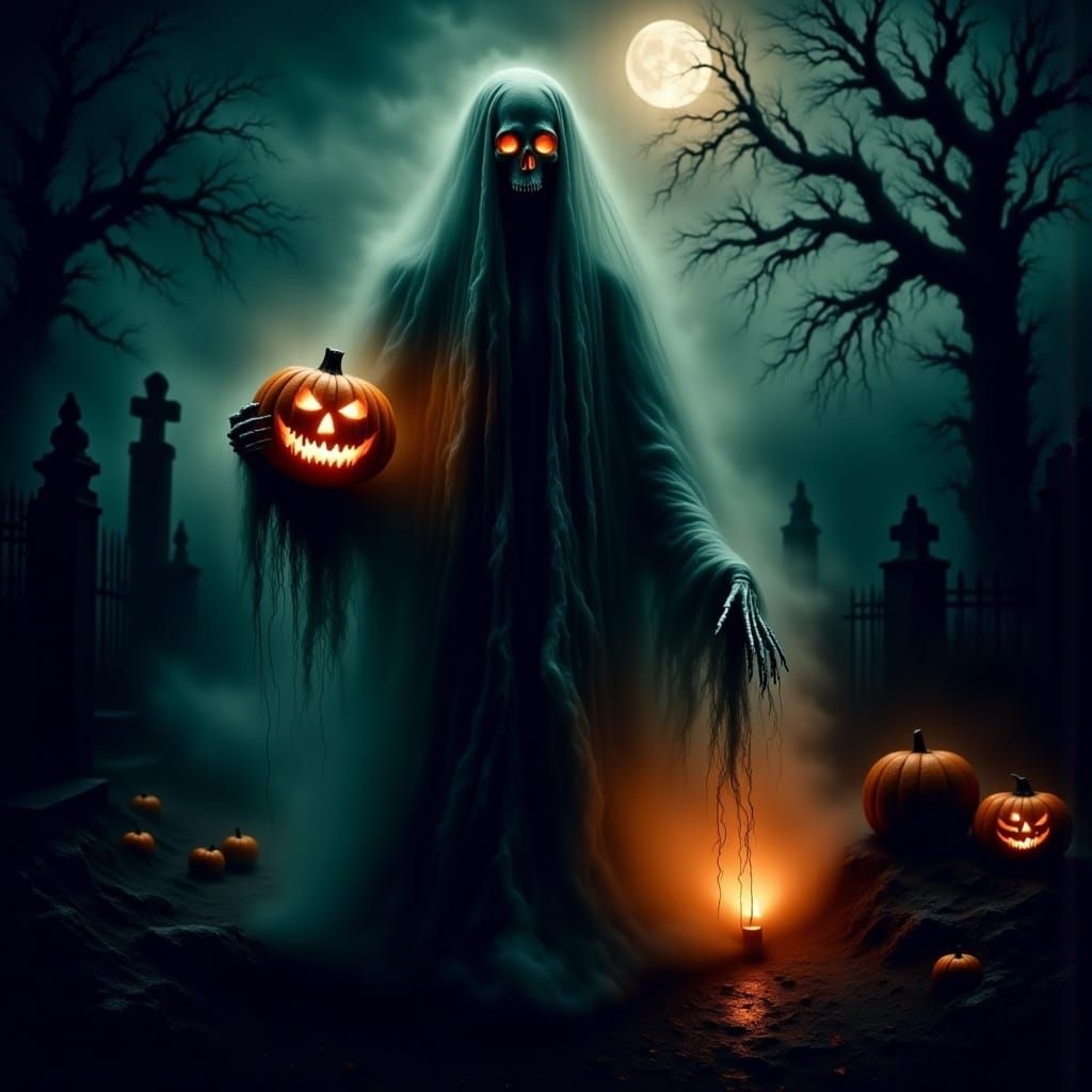 Gothic Ghost Skeleton with Jack-o'-Lantern in Graveyard