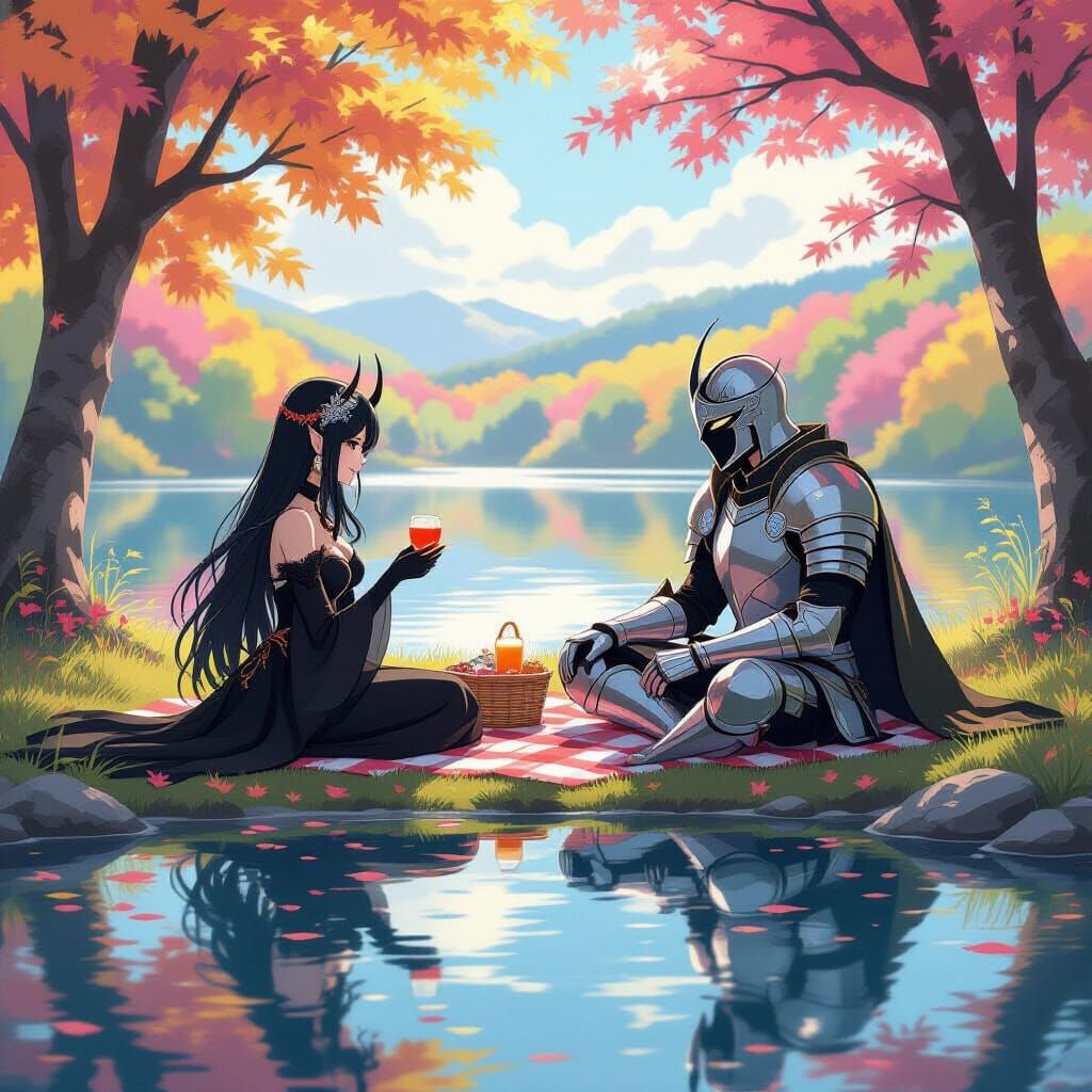 Anime Demon Lord and Hero Picnic by Lake