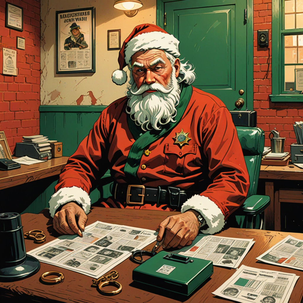 Santa claus, mug shot, arrested, clean oil ink airbrush illustration,