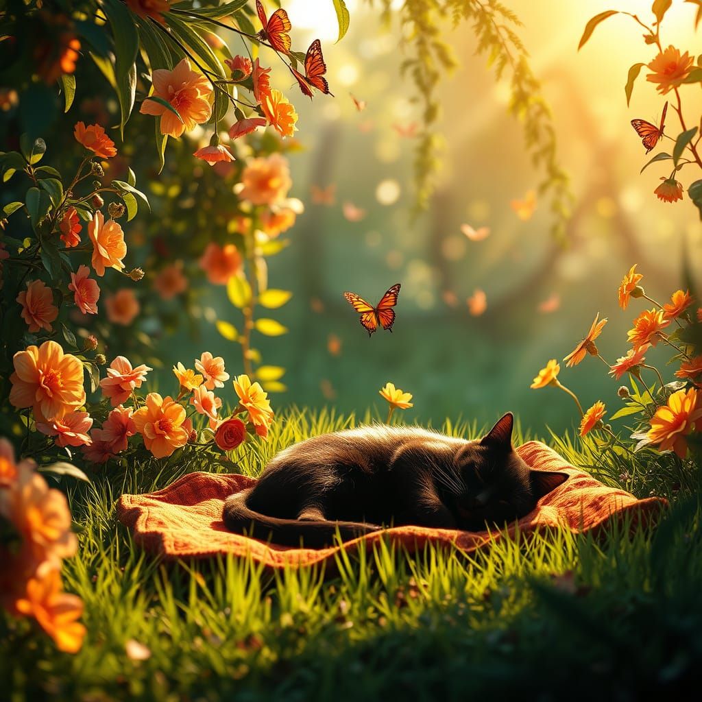 Cozy Green Garden with Sleeping Cat and Butterflies