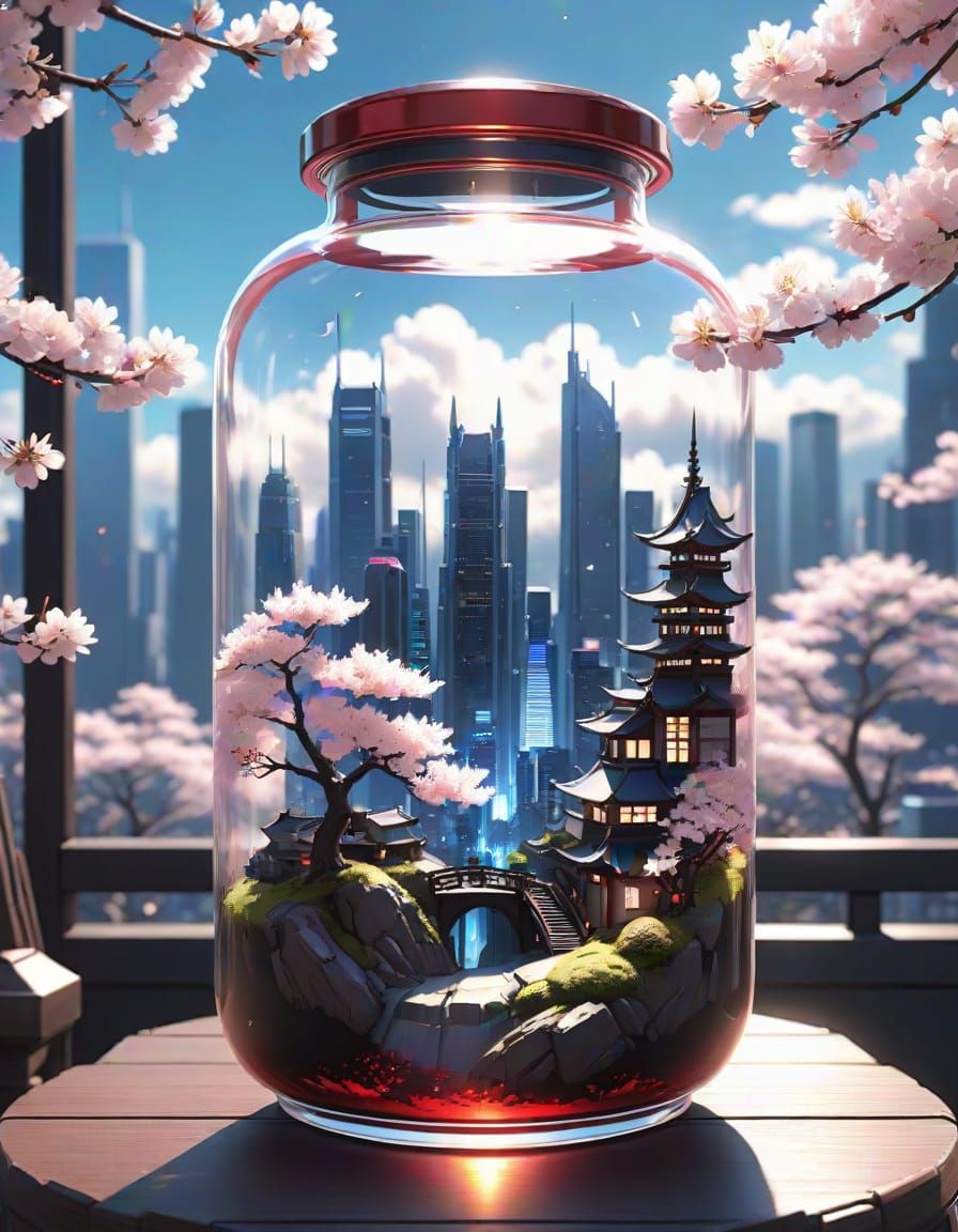 Anime Cityscape in Glass Bottle, 3D Render
