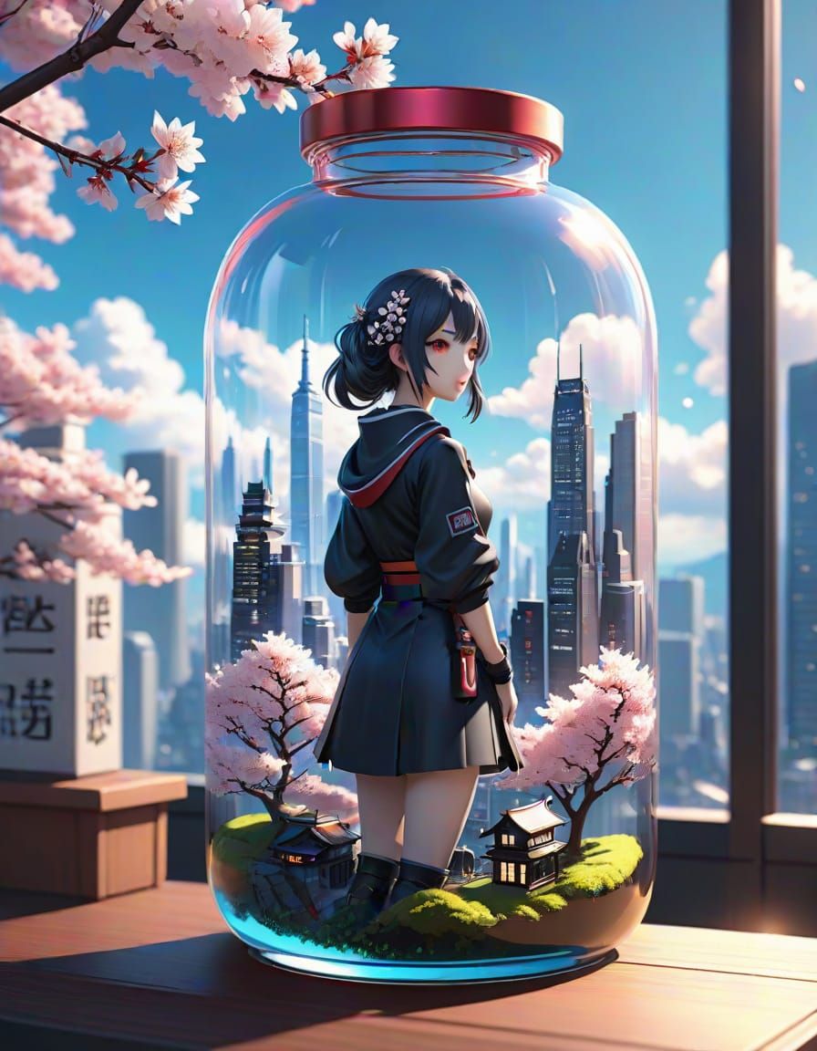 Miniature Anime Cityscape in Glass Jar
