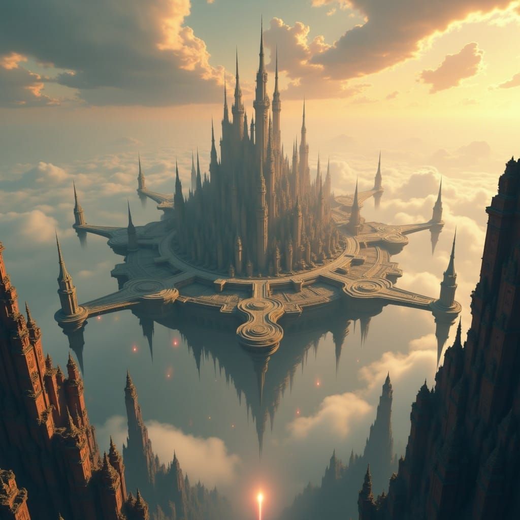 Floating Cityscape in a Whimsical Steampunk Aesthetic