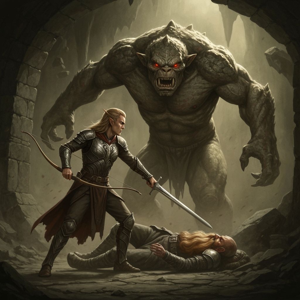 Fantasy Elves Defend Dwarf From Cave Troll