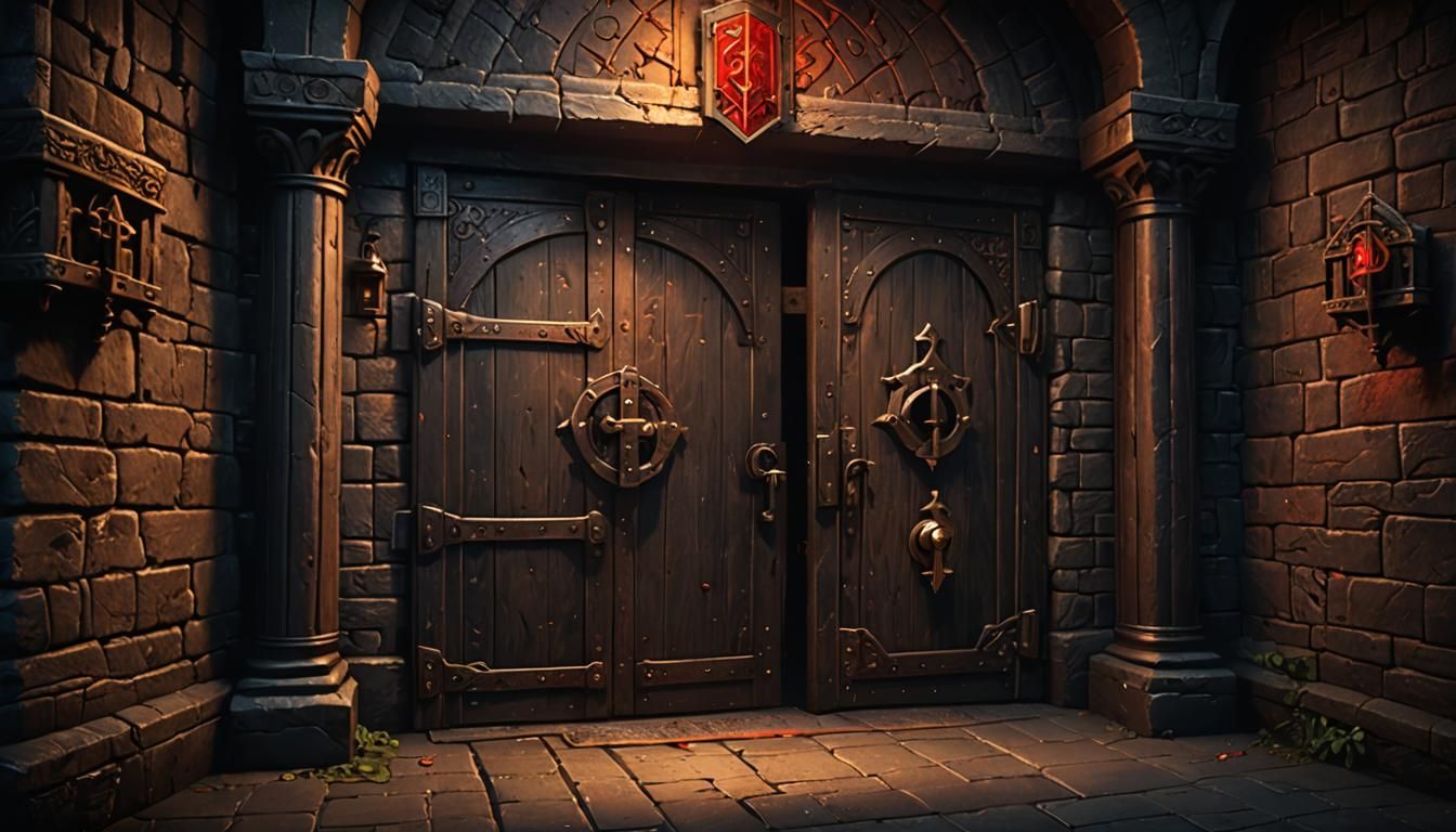 Locked dungeon doors with blank medieval sign hanging from i...