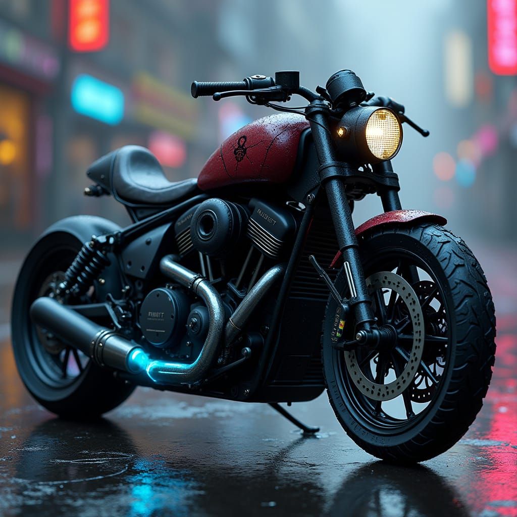 Cyberpunk Motorcycle in High-Octane, Rain-Soaked Action