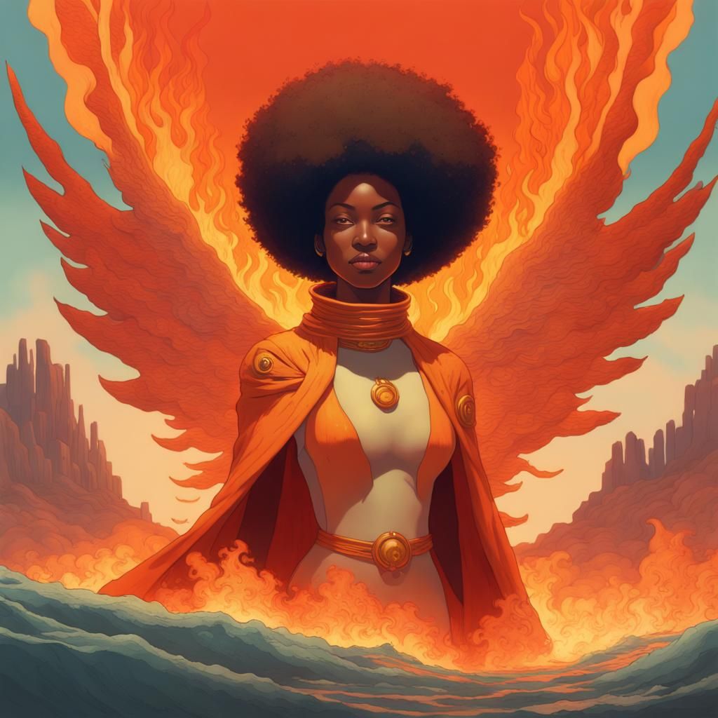 Defiant Afro-Solarpunk Queen Ascending from Flames