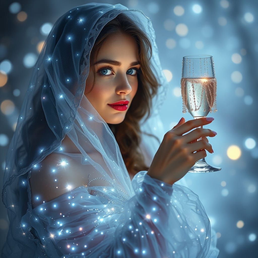 Ethereal Goddess in Twinkling Gown Raises Champagne in Whims...