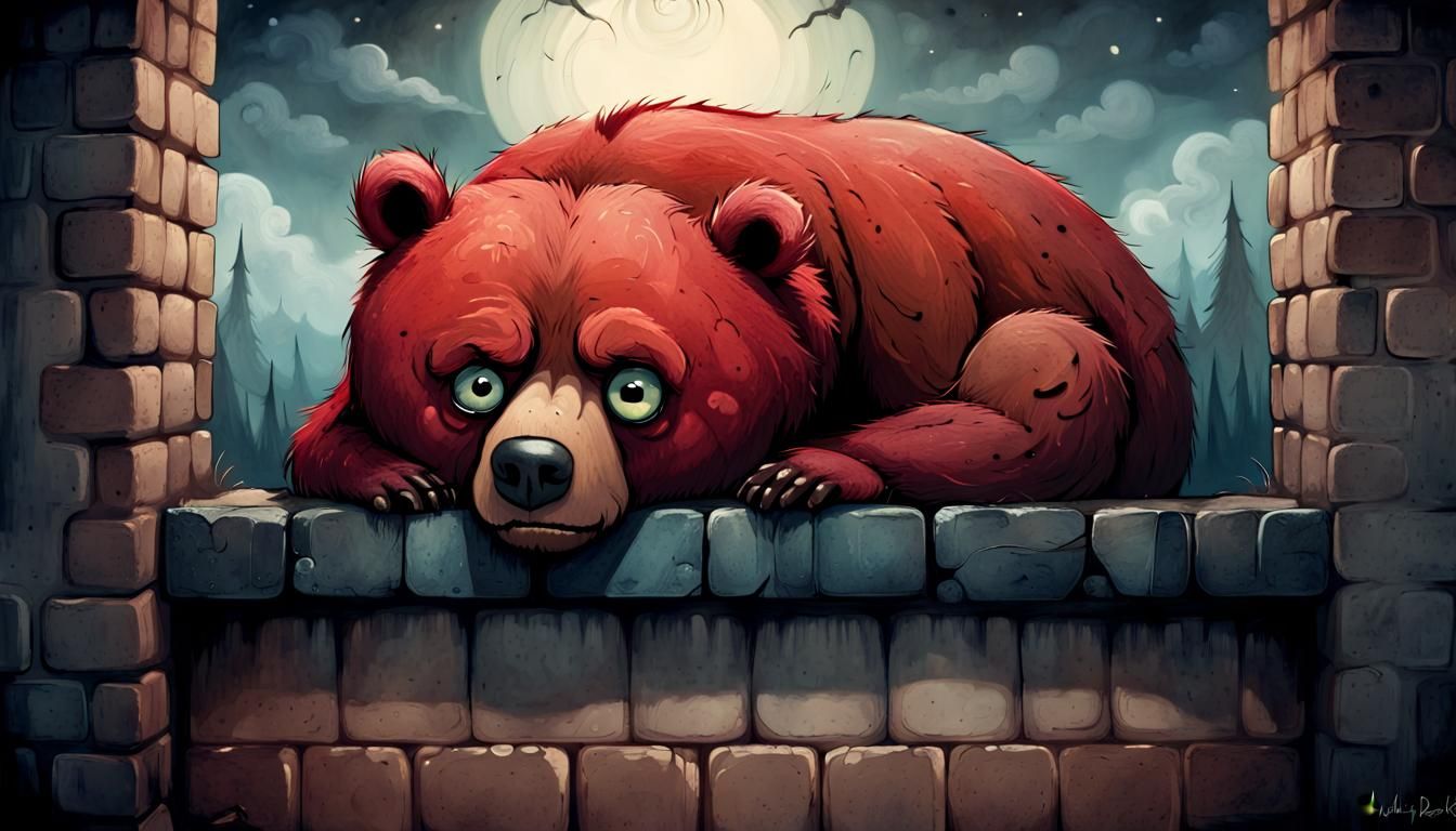 Frowning Red Bear on Wall in Storybook Style