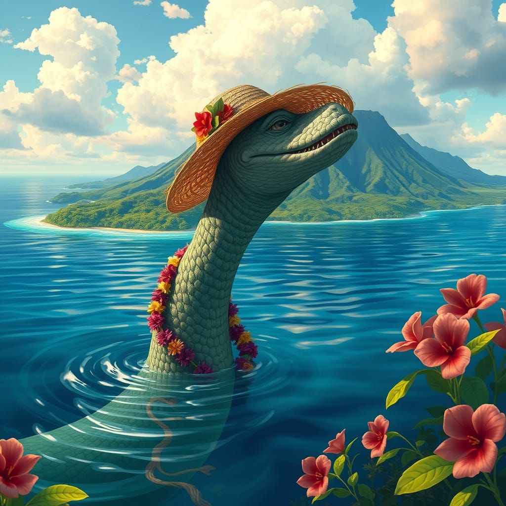 Nessie's Tropical Getaway: Whimsical Futuristic Island Scene