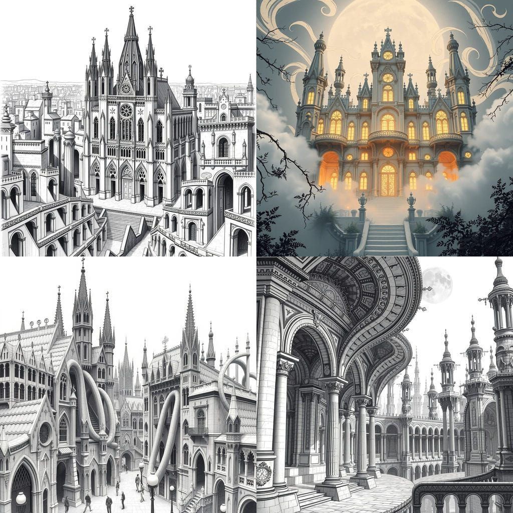 Monochromatic Surreal Fantasy Castle in Classical Style