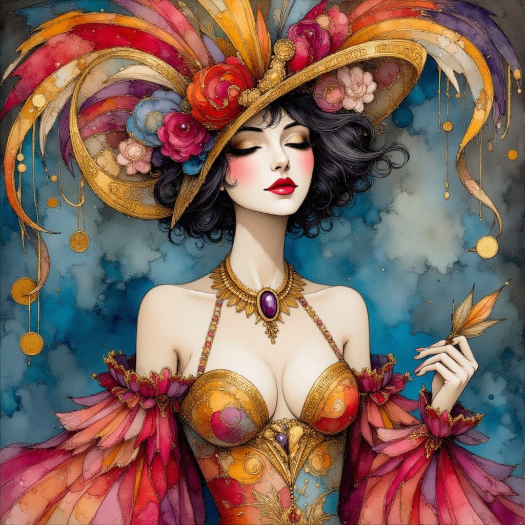 Vibrant Surreal Showgirl Portrait in Watercolor and Ink