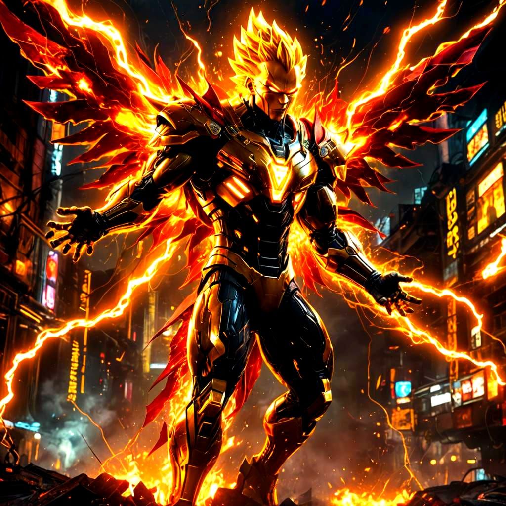 Cybernetic Supervillain Transforms in Fiery Cyberpunk Style
