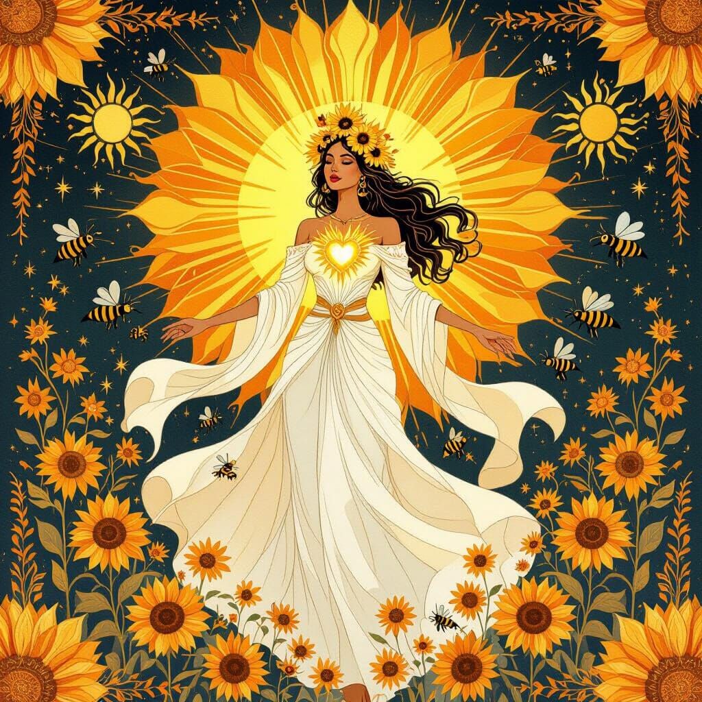 Radiant Woman with Sunflowers in Gouache Style