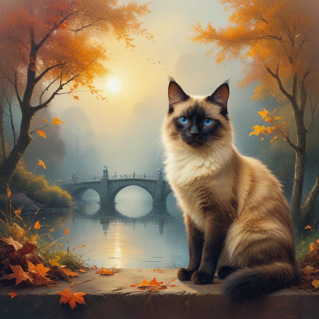 Siamese Cat in Whimsical Autumn Fog
