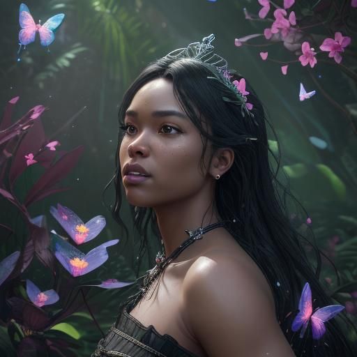 Hyperrealistic Black Couple in Hawaii Waterfall Scene