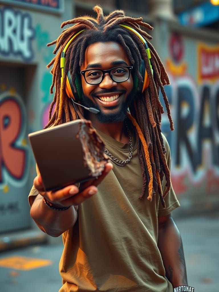 Rastafarian Man Enjoys Chocolate in Urban Scene