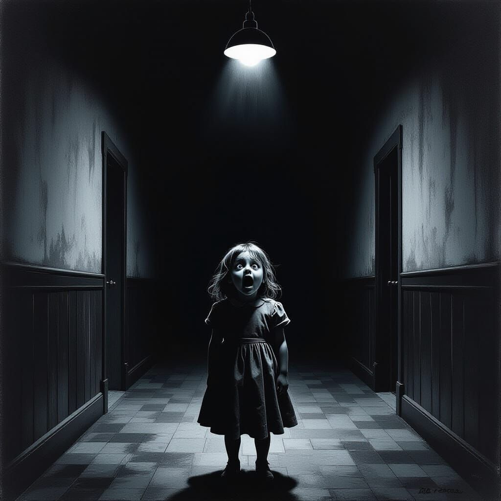 Terrified Child Screams in Dark Gothic Corridor