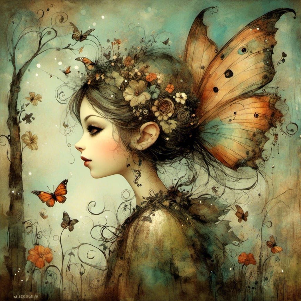 Whimsical Pixie with Butterfly, Illustrated Art