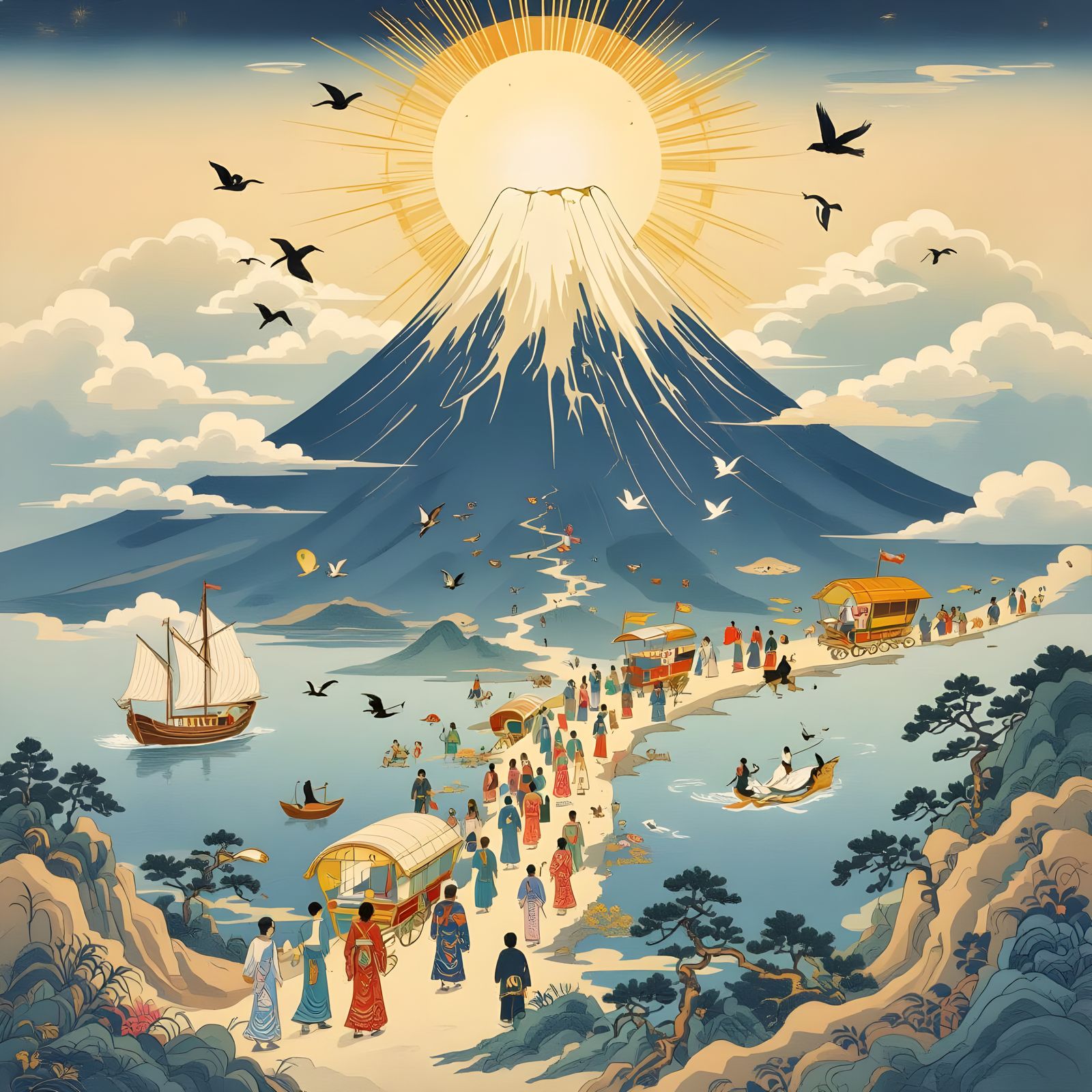 Spiritual Journey to Mount Meru in Japanese Art Style