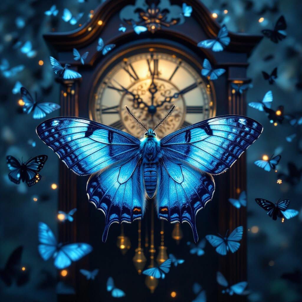Luminous Blue Moth Amidst Swarm, Eerie Whimsical Art