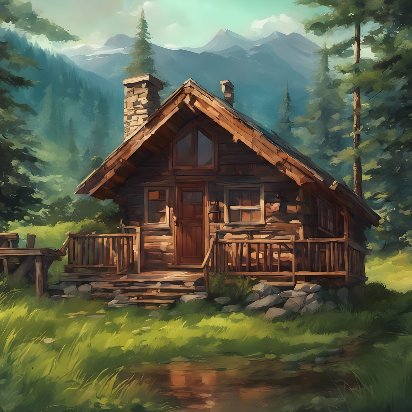 Cozy Cabin in Green Mountains: Hyperrealistic Splash Art