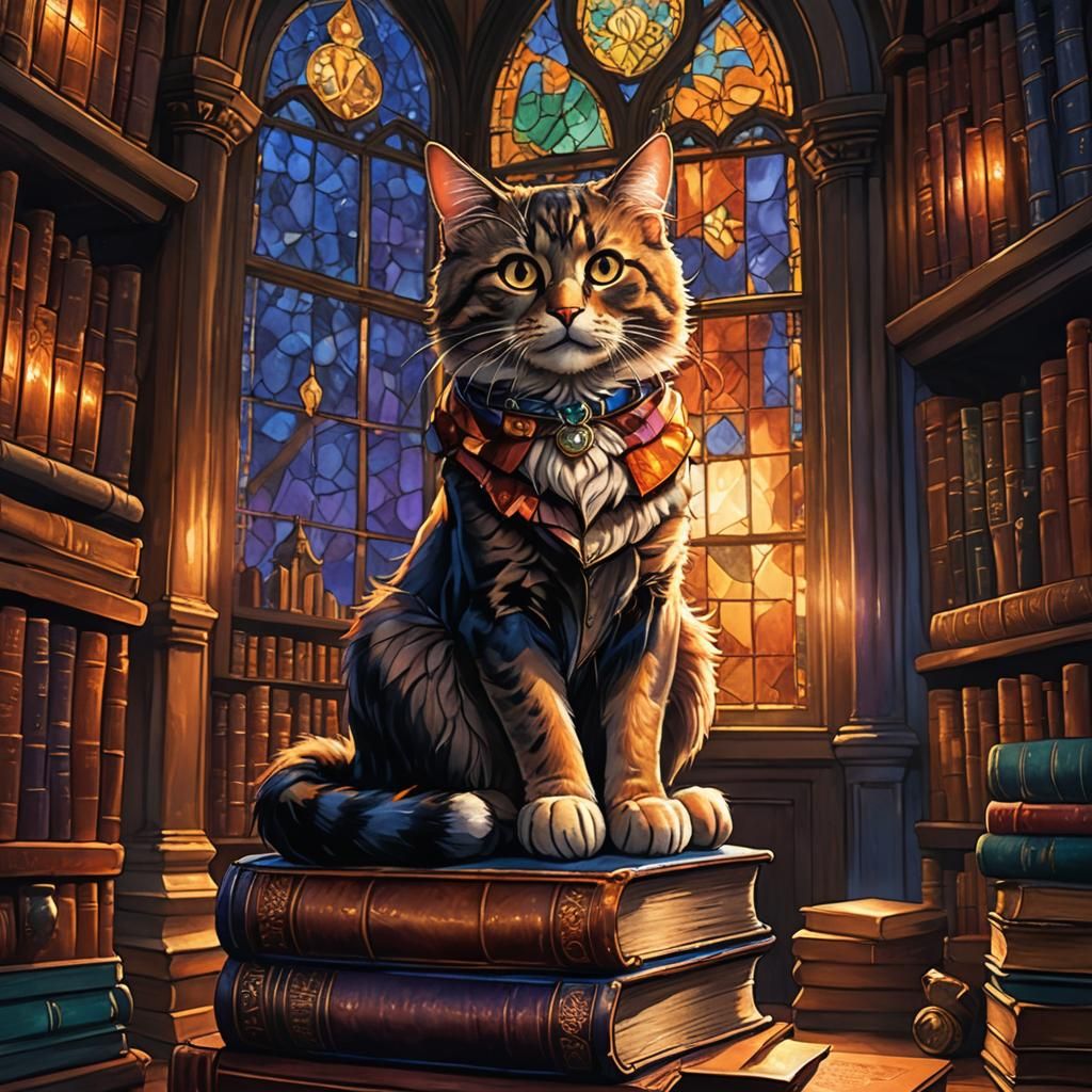 Harry Potter as Curious Cat in Mystical Library