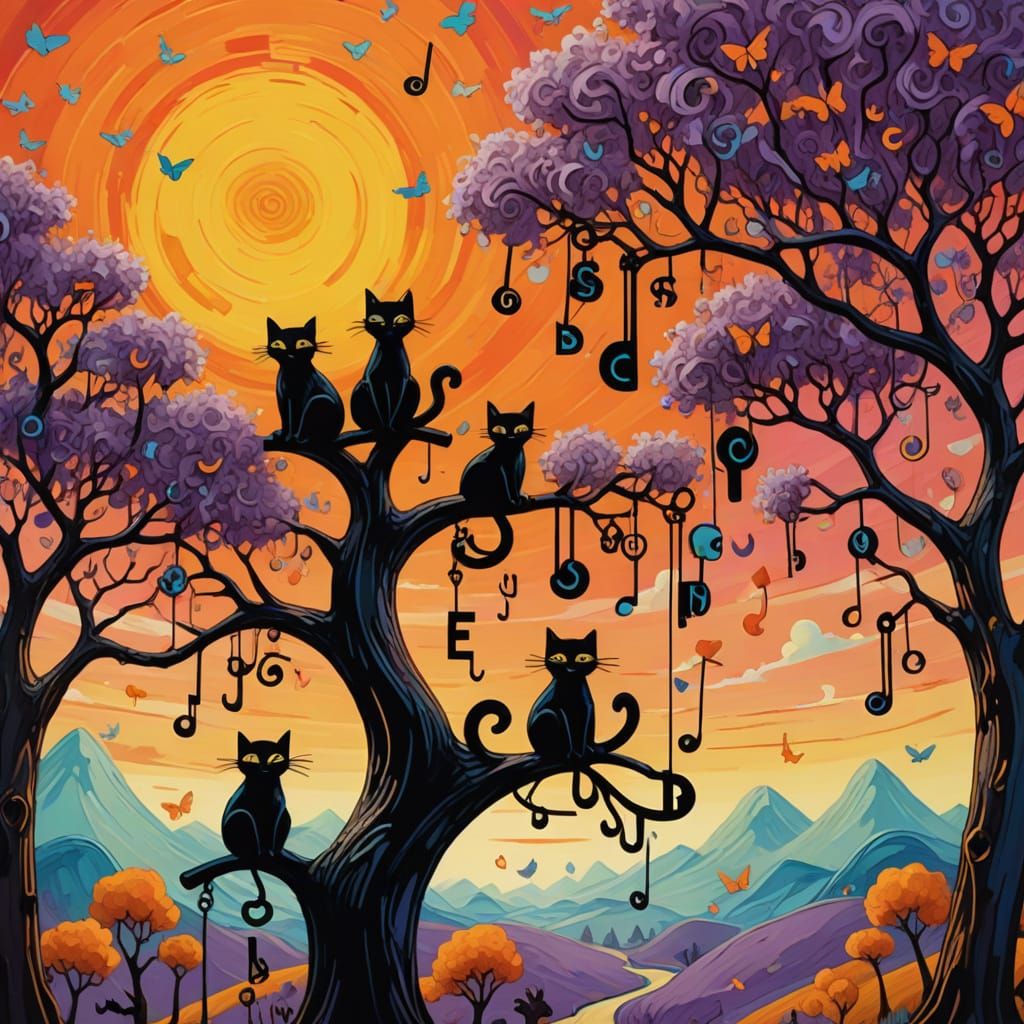Cats Flying in a Whimsical Surreal Landscape