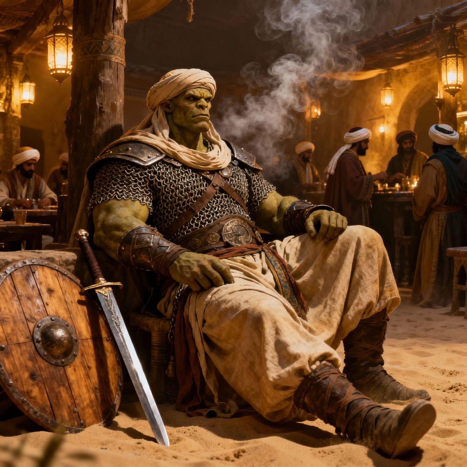 Orc Warrior Rests in Desert Tavern
