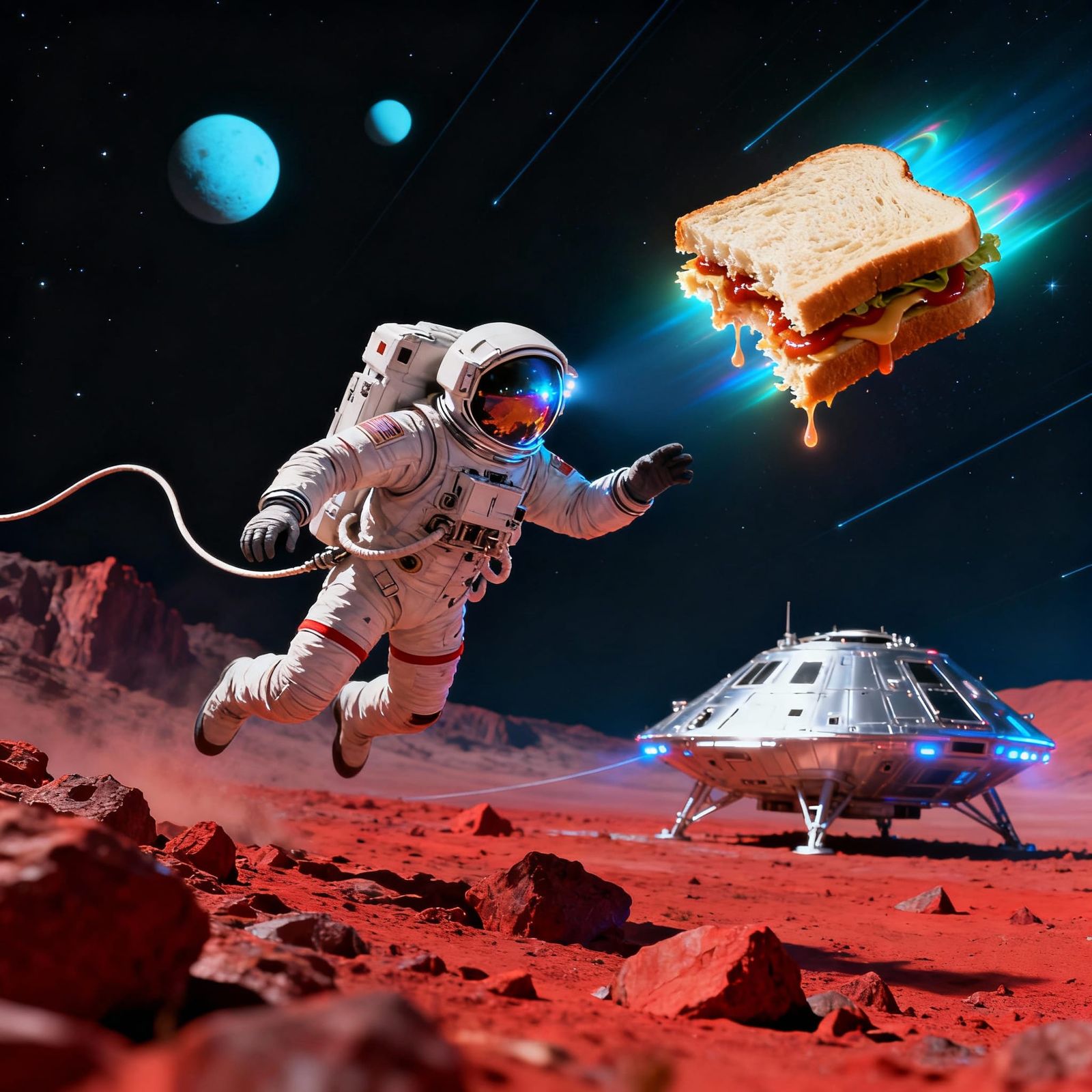 Astronaut Chases Floating Sandwich on Alien Planet