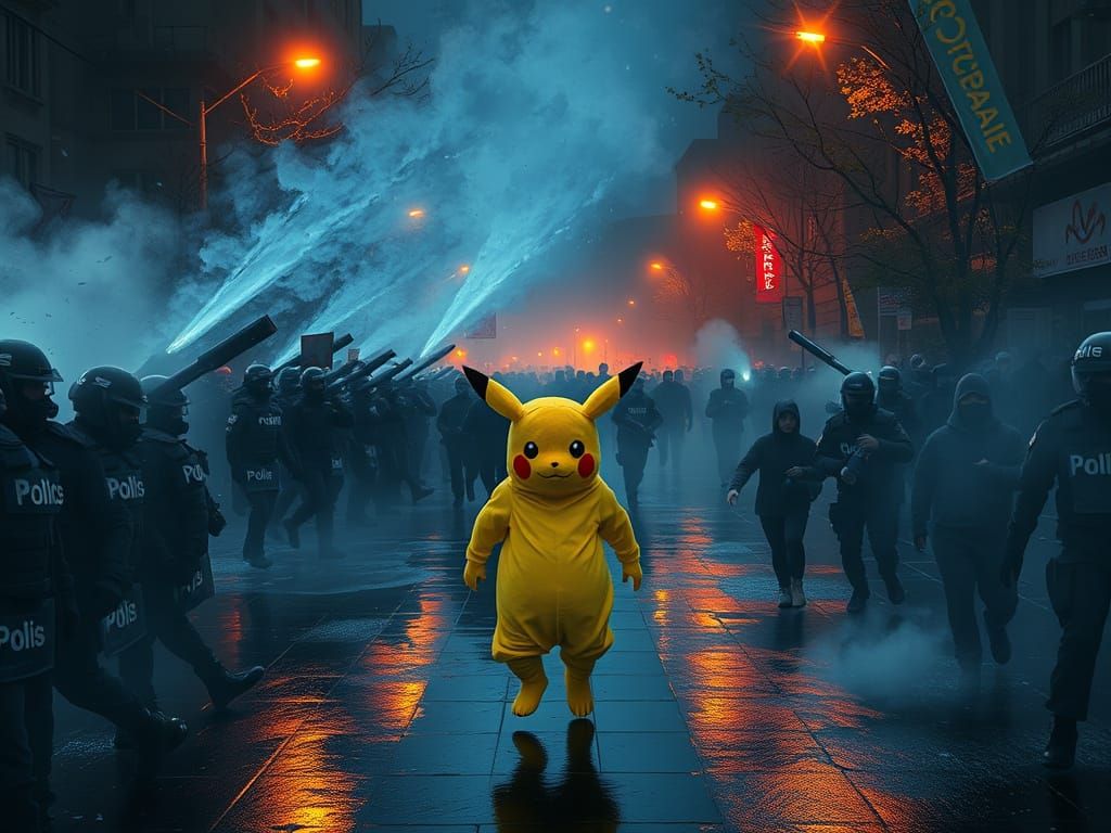 A ghibli style picure A surreal and chaotic night-time protest scene in a city street. Riot police in full gear with 'Po...