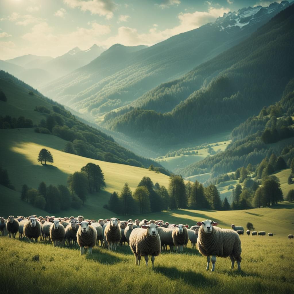 Sheep in Valley: Photorealistic Cinematic Painting
